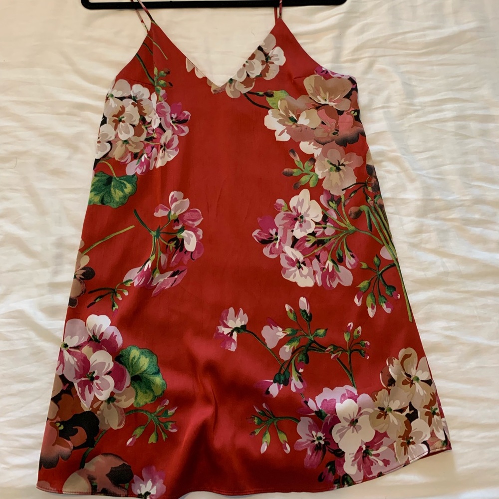 Red silk floral mini dress